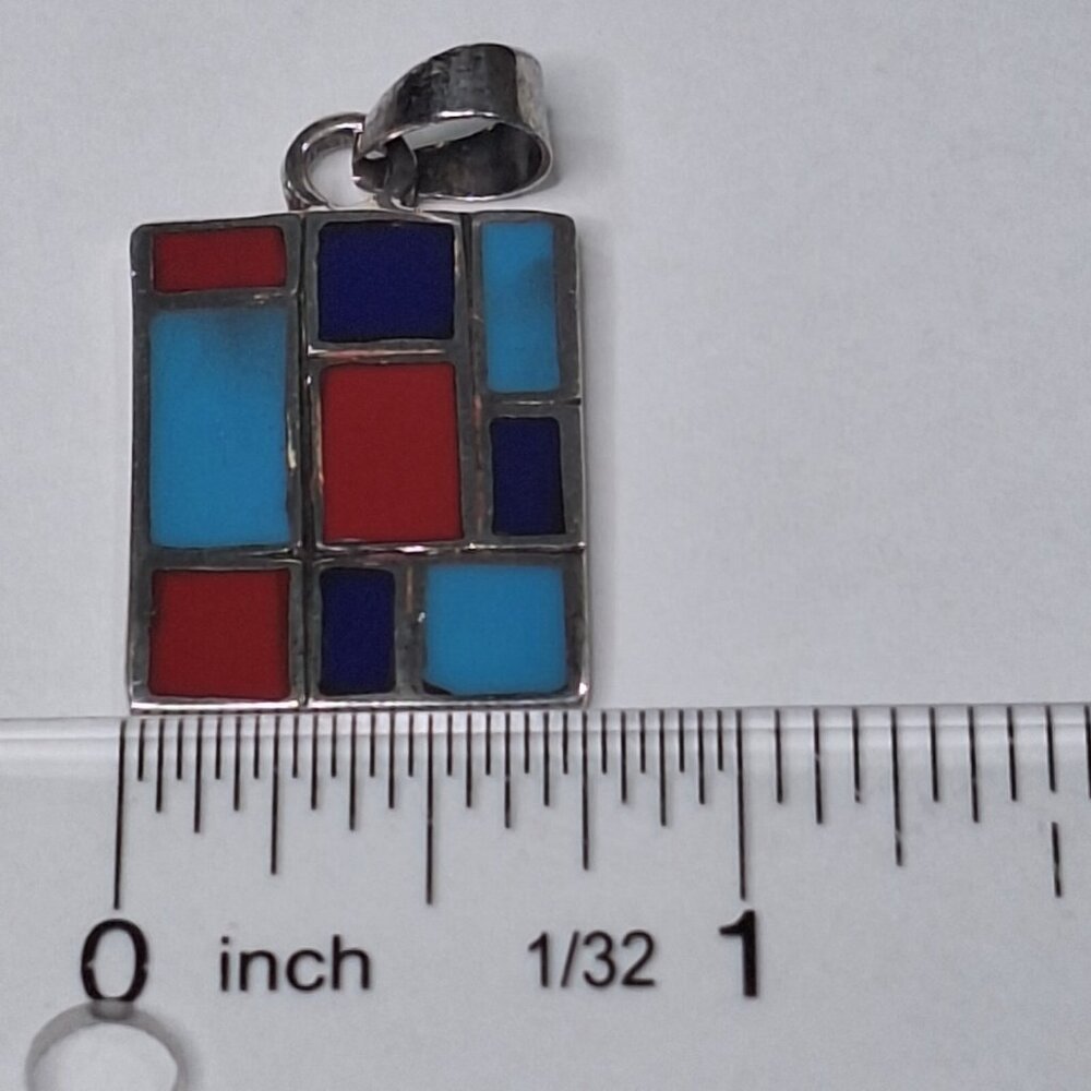 Vintage Sterling Silver Turquoise Coral Lapis Inlaid Rectangle Pendant  7.5g - Picture 6 of 12